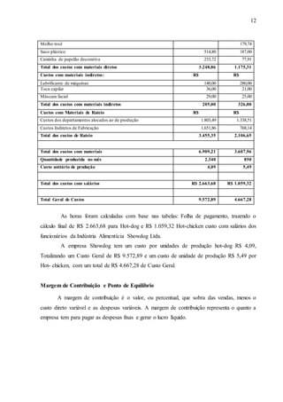 12
Molho rosê 179,74
Saco plástico 514,80 187,00
Caixinha de papelão decorativa 233,72 77,91
Total dos custos com materiais diretos 3.248,86 1.175,31
Custos com materiais indiretos: R$ R$
Lubrificante de máquinas 140,00 280,00
Toca capilar 36,00 21,00
Máscara facial 29,00 25,00
Total dos custos com materiais indiretos 205,00 326,00
Custos com Materiais de Rateio R$ R$
Custos dos departamentos alocados ao de produção 1.803,49 1.338,51
Custos Indiretos de Fabricação 1.651,86 768,14
Total dos custos de Rateio 3.455,35 2.106,65
Total dos custos com materiais 6.909,21 3.607,96
Quantidade produzida no mês 2.340 850
Custo unitário de produção 4,09 5,49
Total dos custos com salários R$ 2.663,68 R$ 1.059,32
Total Geral de Custos 9.572,89 4.667,28
As horas foram calculadas com base nas tabelas: Folha de pagamento, trazendo o
cálculo final de R$ 2.663,68 para Hot-dog e R$ 1.059,32 Hot-chicken custo com salários dos
funcionários da Indústria Alimentícia Showdog Ltda.
A empresa Showdog tem um custo por unidades de produção hot-dog R$ 4,09,
Totalizando um Custo Geral de R$ 9.572,89 e um custo de unidade de produção R$ 5,49 por
Hot- chicken, com um total de R$ 4.667,28 de Custo Geral.
Margem de Contribuição e Ponto de Equilíbrio
A margem de contribuição é o valor, ou percentual, que sobra das vendas, menos o
custo direto variável e as despesas variáveis. A margem de contribuição representa o quanto a
empresa tem para pagar as despesas fixas e gerar o lucro líquido.
 