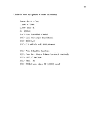 14
Cálculo do Ponto de Equilíbrio Contábil e Econômico
Lucro = Receita – Custo
2.500 = R – 2.000
2.500 + 2.000 = R
R = 4.500,00
PEC = Ponto de Equilíbrio Contábil
PEC = Custo Fixo/Margem de contribuição
PEC = 2000 / 1,60
PEC= 1250 unid./mês ou R$ 8.000,00 mensal.
PEE = Ponto de Equilíbrio Econômico
PEE = Custo fixo + Margem de lucro / Margem de contribuição
PEE = 2.000 + 2.500 / 1,60
PEE = 4.500 / 1,60
PEE = 2.812,00 unid./ mês ou R$ 18.000,00 mensal.
 