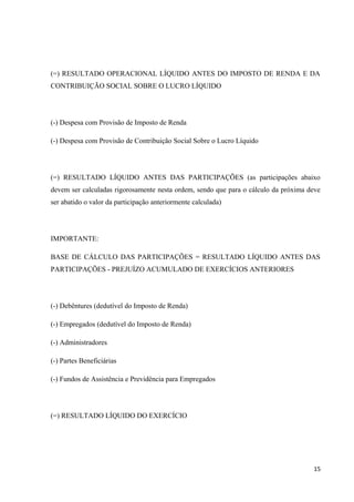 (=) RESULTADO OPERACIONAL LÍQUIDO ANTES DO IMPOSTO DE RENDA E DA
CONTRIBUIÇÃO SOCIAL SOBRE O LUCRO LÍQUIDO
(-) Despesa com Provisão de Imposto de Renda
(-) Despesa com Provisão de Contribuição Social Sobre o Lucro Líquido
(=) RESULTADO LÍQUIDO ANTES DAS PARTICIPAÇÕES (as participações abaixo
devem ser calculadas rigorosamente nesta ordem, sendo que para o cálculo da próxima deve
ser abatido o valor da participação anteriormente calculada)
IMPORTANTE:
BASE DE CÁLCULO DAS PARTICIPAÇÕES = RESULTADO LÍQUIDO ANTES DAS
PARTICIPAÇÕES - PREJUÍZO ACUMULADO DE EXERCÍCIOS ANTERIORES
(-) Debêntures (dedutível do Imposto de Renda)
(-) Empregados (dedutível do Imposto de Renda)
(-) Administradores
(-) Partes Beneficiárias
(-) Fundos de Assistência e Previdência para Empregados
(=) RESULTADO LÍQUIDO DO EXERCÍCIO
15
 