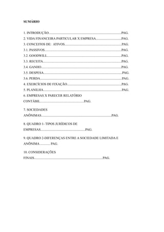SUMÁRIO 
1. INTRODUÇÃO........................................................................................PAG. 
2. VIDA FINANCEIRA PARTICULAR X EMPRESA...............................PAG. 
3. CONCEITOS DE: ATIVOS.....................................................................PAG. 
3.1. PASSIVOS.............................................................................................PAG. 
3.2. GOODWILL..........................................................................................PAG. 
3.3. RECEITA...............................................................................................PAG. 
3.4. GANHO.................................................................................................PAG. 
3.5. DESPESA...............................................................................................PAG. 
3.6. PERDA...................................................................................................PAG. 
4. EXERCÍCIOS DE FIXAÇÃO..................................................................PAG. 
5. PLANILHA...............................................................................................PAG. 
6. EMPRESAS X PARECER RELATÓRIO 
CONTÁBIL.....................................................PAG. 
7. SOCIEDADES 
ANÔNIMAS.....................................................................................PAG. 
8. QUADRO 1- TIPOS JURÍDICOS DE 
EMPRESAS......................................................PAG. 
9. QUADRO 2-DIFERENÇAS ENTRE A SOCIEDADE LIMITADA E 
ANÕNIMA ............ PAG. 
10. CONSIDERAÇÕES 
FINAIS...................................................................................PAG. 
 