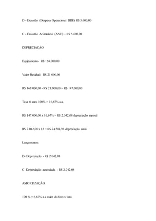 D - Exaustão (Despesa Operacional DRE) R$ 5.600,00
C - Exaustão Acumulada (ANC) – R$ 5.600,00
DEPRECIAÇÃO
Equipamento- R$ 168.000,00
Valor Residual- R$ 21.000,00
R$ 168.000,00 - R$ 21.000,00 = R$ 147.000,00
Taxa 6 anos 100% = 16,67% a.a.
R$ 147.000,00 x 16,67% = R$ 2.042,08 depreciação mensal
R$ 2.042,08 x 12 = R$ 24.504,96 depreciação anual
Lançamentos:
D- Depreciação - R$ 2.042,08
C- Depreciação acumulada - R$ 2.042,08
AMORTIZAÇÃO
100 % = 6,67% a.a valor do bem x taxa
 