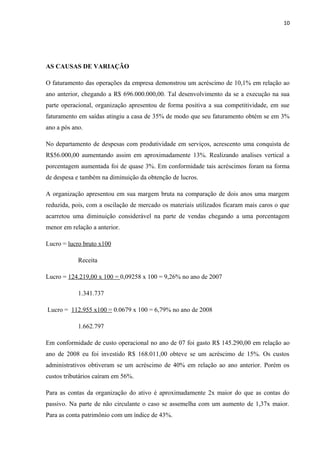 10
AS CAUSAS DE VARIAÇÃO
O faturamento das operações da empresa demonstrou um acréscimo de 10,1% em relação ao
ano anterior, chegando a R$ 696.000.000,00. Tal desenvolvimento da se a execução na sua
parte operacional, organização apresentou de forma positiva a sua competitividade, em sue
faturamento em saídas atingiu a casa de 35% de modo que seu faturamento obtém se em 3%
ano a pós ano.
No departamento de despesas com produtividade em serviços, acrescento uma conquista de
R$56.000,00 aumentando assim em aproximadamente 13%. Realizando analises vertical a
porcentagem aumentada foi de quase 3%. Em conformidade tais acréscimos foram na forma
de despesa e também na diminuição da obtenção de lucros.
A organização apresentou em sua margem bruta na comparação de dois anos uma margem
reduzida, pois, com a oscilação de mercado os materiais utilizados ficaram mais caros o que
acarretou uma diminuição considerável na parte de vendas chegando a uma porcentagem
menor em relação a anterior.
Lucro = lucro bruto x100
Receita
Lucro = 124.219,00 x 100 = 0,09258 x 100 = 9,26% no ano de 2007
1.341.737
Lucro = 112.955 x100 = 0.0679 x 100 = 6,79% no ano de 2008
1.662.797
Em conformidade de custo operacional no ano de 07 foi gasto R$ 145.290,00 em relação ao
ano de 2008 eu foi investido R$ 168.011,00 obteve se um acréscimo de 15%. Os custos
administrativos obtiveram se um acréscimo de 40% em relação ao ano anterior. Porém os
custos tributários caíram em 56%.
Para as contas da organização do ativo é aproximadamente 2x maior do que as contas do
passivo. Na parte de não circulante o caso se assemelha com um aumento de 1,37x maior.
Para as conta patrimônio com um índice de 43%.
 