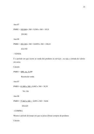 21
Ano 07
PMRE = 183.044 x 360 = 0,508 x 360 = 183,9
359.903
Ano 08
PMRE = 283.344 x 360 = 0,6850 x 360 = 246,61
416.550
- VENDA
É o período em que ocorre as venda dos produtos ou serviços , ou seja, a entrada de valores
em caixa.
Calculo:
PMRV = DPL rec. X DP
Receita de venda
Ano 07
PMRV= 61.888 x 360 = 0,082 x 360 = 30,39
761.156
Ano 08
PMRV= 77.463 x 360 = 0,095 x 360 = 34,06
836.625
- COMPRA
Mostra o período de tempo em que se possa efetuar compras de produtos.
Calculo:
 