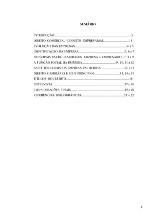 2
SUMÁRIO
INTRODUÇÃO.................................................................................................3
DIREITO COMERCIAL E DIREITO EMPRESARIAL..................................4
EVOLUÇÃO DAS EMPRESAS..................................................................4 e 5
IDENTIFICAÇÃO DA EMPRESA..........................................................5, 6 e 7
PRINCIPAIS PARTICULARIDADES EMPRESA E EMPRESÁRIO...7, 8 e 9
A FUNÇÃO SOCIAL DA EMPRESA...........................................9, 10, 11 e 12
ASPECTOS LEGAIS DA EMPRESA ESCOLHIDA..............................12 e 13
DIREITO CAMBIÁRIO E SEUS PRINCÍPIOS................................13, 14 e 15
TÍTULOS DE CRÉDITO................................................................................16
ENTREVISTA .........................................................................................17 e 18
CONSIDERAÇÕES FINAIS....................................................................19 e 20
REFERÊNCIAS BIBLIOGRÁFICAS......................................................21 e 22
 