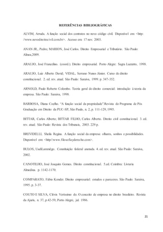 21
REFERÊNCIAS BIBLIOGRÁFICAS
ALVIM, Arruda. A função social dos contratos no novo código civil. Disponível em: <http:
//www.novodireitocivil.com.br>. Acesso em: 17 nov. 2003.
ANAN JR., Pedro; MARION, José Carlos. Direito Empresarial e Tributário. São Paulo:
Alínea,2009.
ARAUJO, José Francelino. (coord.). Direito empresarial. Porto Alegre: Sagra Luzzatto, 1998.
ARAUJO, Luiz Alberto David; VIDAL, Serrano Nunes Júnior. Curso de direito
constitucional. 2. ed. rev. atual. São Paulo: Saraiva, 1999. p. 347-352.
ARNOLD, Paulo Roberto Colombo. Teoria geral do direito comercial: introdução à teoria da
empresa. São Paulo: Saraiva, 1998.
BARBOSA, Diana Coelho. “A função social da propriedade”.Revista do Programa de Pós
Graduação em Direito da PUC-SP, São Paulo, n. 2, p. 111-129, 1995.
BITTAR, Carlos Alberto; BITTAR FILHO, Carlos Alberto. Direito civil constitucional. 3. ed.
rev. atual. São Paulo: Revista dos Tribunais, 2003. 229 p.
BREVIDELLI, Sheila Regina. A função social da empresa: olhares, sonhos e possibilidades.
Disponível em: <http//:www.filosofiayderecho.com>.
BULOS, UadiLammêgo. Constituição federal anotada. 4. ed. rev. atual. São Paulo: Saraiva,
2002.
CANOTILHO, José Joaquim Gomes. Direito constitucional. 5.ed. Coimbra: Livraria
Almedina. p. 1142-1170.
COMPARATO, Fábio Konder. Direito empresarial: estudos e pareceres. São Paulo: Saraiva,
1995. p. 3-37.
COUTO E SILVA, Clóvis Veríssimo do. O conceito de empresa no direito brasileiro. Revista
da Ajuris, n. 37, p.42-59, Porto Alegre, jul. 1986.
 
