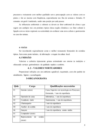 6
procuram o restaurante com melhor qualidade sem a preocupação com os valores com os
pratos e vão ao mesmo com freqüência, especialmente nos fins de semana e feriados. O
consumo em geral é moderado, sendo uma porção por cada pessoa.
As influencias ambientais e culturais se devem ao fator ambiental do clima o que
sugere um cardápio rico em produtos típicos dessa região climática e ao fator cultural à
ligação com as raízes regionais ou curiosidade em conhecer uma nova cultura e gastronomia
no caso dos turistas.
4- VISÃO
Ser reconhecido regionalmente como o melhor restaurante fornecedor de comidas
típicas, bem como ponto turístico, de informação e resgate da cultura local.
4.1 MISSÃO
Valorizar a culinária tipicamente goiana estimulando um retorno ás tradições e
oferecendo serviços gastronômicos de qualidade rapidez e conforto.
4. 2 – VALORES NORTEADORES
Proporcionar refeições em um ambiente agradável, requintado, com alto padrão de
atendimento, higiene e aconchegante.
5-ORGANOGRAMA
Qtde Cargo Qualificações necessárias
01 Gerente (sócio) Curso Superior em tecnologia em Processos
Gerenciais, 1 ano de experiência.
03 Operador de caixa Informática, 1 ano de experiência.
02 Cozinheiro chefe Gastronomia, 1 ano de experiência.
02 Churrasqueiro 1 ano de experiência
04 Auxiliar de cozinha 1 ano de experiência
06 Garçom 1 ano de experiência, ensino médio.
01 Comprador (sócio)
01 Representante de vendas
(sócio)
 