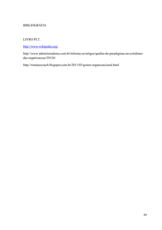 BIBLIOGRAFIA



LIVRO PLT.

http://www.wikipedia.org/.

http://www.administradores.com.br/informe-se/artigos/quebra-de-paradigmas-no-cotidiano-
das-organizacoes/39126/

http://romanocoach.blogspot.com.br/2011/03/gestor-organozacional.html




                                                                                          24
 