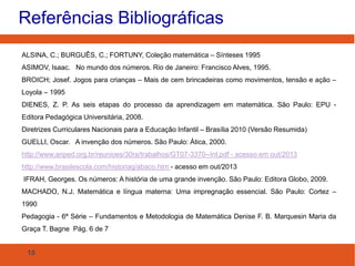 Referências Bibliográficas 
ALSINA, C.; BURGUÊS, C.; FORTUNY, Coleção matemática – Sínteses 1995 
ASIMOV, Isaac. No mundo dos números. Rio de Janeiro: Francisco Alves, 1995. 
BROICH; Josef. Jogos para crianças – Mais de cem brincadeiras como movimentos, tensão e ação – 
Loyola – 1995 
DIENES, Z. P. As seis etapas do processo da aprendizagem em matemática. São Paulo: EPU - 
Editora Pedagógica Universitária, 2008. 
Diretrizes Curriculares Nacionais para a Educação Infantil – Brasília 2010 (Versão Resumida) 
GUELLI, Oscar. A invenção dos números. São Paulo: Ática, 2000. 
http://www.anped.org.br/reunioes/30ra/trabalhos/GT07-3370--Int.pdf - acesso em out/2013 
http://www.brasilescola.com/historiag/abaco.htm - acesso em out/2013 
IFRAH, Georges. Os números: A história de uma grande invenção. São Paulo: Editora Globo, 2009. 
MACHADO, N.J. Matemática e língua materna: Uma impregnação essencial. São Paulo: Cortez – 
1990 
Pedagogia - 6ª Série – Fundamentos e Metodologia de Matemática Denise F. B. Marquesin Maria da 
Graça T. Bagne Pág. 6 de 7 
15 
