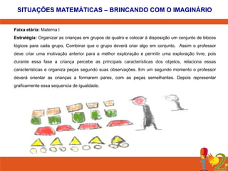 SITUAÇÕES MATEMÁTICAS – BRINCANDO COM O IMAGINÁRIO
Faixa etária: Materna I
Estratégia: Organizar as crianças em grupos de quatro e colocar à disposição um conjunto de blocos
lógicos para cada grupo. Combinar que o grupo deverá criar algo em conjunto. Assim o professor
deve criar uma motivação anterior para a melhor exploração e permitir uma exploração livre, pois
durante essa fase a criança percebe as principais características dos objetos, relaciona essas
características e organiza peças segundo suas observações. Em um segundo momento o professor
deverá orientar as crianças a formarem pares, com as peças semelhantes. Depois representar
graficamente essa sequencia de igualdade.

 