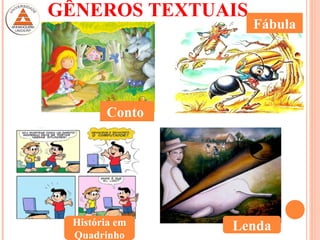 GÊNEROS TEXTUAIS
Conto
Fábula
História em
Quadrinho
Lenda
 