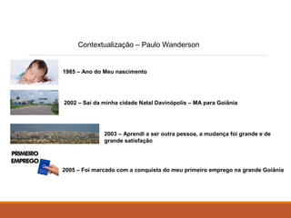 Contextualização – Paulo Wanderson 
1985 – Ano do Meu nascimento 
2002 – Sai da minha cidade Natal Davinópolis – MA para Goiânia 
2003 – Aprendi a ser outra pessoa, a mudança foi grande e de 
grande satisfação 
2005 – Foi marcado com a conquista do meu primeiro emprego na grande Goiânia 
 