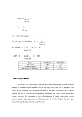 E = (0 - 3). p =
900-3p
E = - 3p .
900 - 3p
Elasticidade de preço para:
p = 195 e p = 215 na função E = - 3p .
900 - 3p
p = 195 → E = - 3.195 . → E = - 1,86
900-3.195
p = 215 → E = - 3.215 . → E = - 2,53
900-3.215
Preço R$ 195,00 R$ 215,00
Elasticidade -1,86 -2,53
Aumento no preço 1% 1%
Diminuição da demanda 1,86% 2,53%
Considerações Finais
Este trabalho teve como objetivo apresentar os conteúdos expostos nas aulas durante o
bimestre, e solucionar as atividades da ATPS, nos quais, trouxe-nos não só para uma visão
teórica, como a prática no desempenho da empresa. Portanto, os objetivos principais do
trabalho que foi os conselhos dos contadores, analisaram que com a receita da escola é
possível a compra dos computadores com o financiamento do banco, e também é possível
reservar quantia para pagamento do financiamento do crédito "capital de giro" para
treinamento e melhor capacitação dos professores.
 