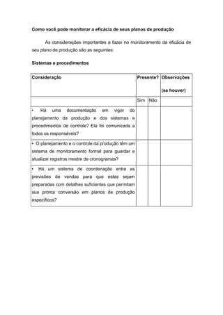 Como você pode monitorar a eficácia de seus planos de produção
As considerações importantes a fazer no monitoramento da eficácia de
seu plano de produção são as seguintes:
Sistemas e procedimentos
Consideração Presente? Observações
(se houver)
Sim Não
• Há uma documentação em vigor do
planejamento da produção e dos sistemas e
procedimentos de controle? Ela foi comunicada a
todos os responsáveis?
• O planejamento e o controle da produção têm um
sistema de monitoramento formal para guardar e
atualizar registros mestre de cronogramas?
• Há um sistema de coordenação entre as
previsões de vendas para que estas sejam
preparadas com detalhes suficientes que permitam
sua pronta conversão em planos de produção
específicos?
 