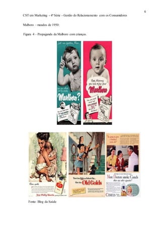 6
CST em Marketing - 4ª Série - Gestão do Relacionamento com os Consumidores
Malboro – meados de 1950:
Figura 4 – Propaganda da Malboro com crianças.
Fonte: Blog da Saúde
 