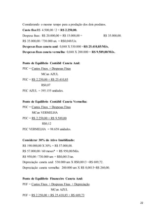 22 
Considerando o mesmo tempo para a produção dos dois produtos. 
Custo fixo:R$ 4.500,00 / 2 = R$ 2.250,00. 
Despesa fixas: R$ 20.000,00 + R$ 15.000,00 = R$ 35.000,00. 
R$ 35.000,00 / 730.000 un. = R$0,048/Un. 
Despesas fixas caneta azul: 0,048 X 530.000 =R$ 25.410,85/Mês. 
Despesas fixas caneta vermelha: 0,048 X 200.000 = R$ 9.589,00/Mês. 
Ponto de Equilíbrio Contábil Caneta Azul: 
PEC = Custos Fixos + Despesas Fixas 
MCun AZUL 
PEC = R$ 2.250,00 + R$ 25.410,85 
R$0,07 
PEC AZUL = 395.155 unidades. 
Ponto de Equilíbrio Contábil Caneta Vermelha: 
PEC = Custos Fixos + Despesas Fixas 
MCun VERMELHA 
PEC = R$ 2.250,00 + R$ 9.589,00 
R$0,12 
PEC VERMELHA = 98.658 unidades. 
Considerar 30% do Ativo Imobilizado: 
R$ 190.000,00 X 30% = R$ 57.000,00. 
R$ 57.000,00 / 60 meses* = R$ 950,00/Mês. 
R$ 950,00 / 730.000 um = R$0,0013/un. 
Depreciação caneta azul: 530.000 um X R$0,0013 =R$ 689,72. 
Depreciação caneta vermelha: 200.000 um X R$ 0,0013=R$ 260,00. 
Ponto de Equilíbrio Financeiro Caneta Azul: 
PEF = Custos Fixos + Despesas Fixas + Depreciação 
MCun AZUL 
PEF = R$ 2.250,00 + R$ 25.410,85 + R$ 689,73 
 