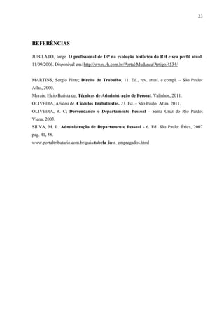 23
REFERÊNCIAS
JUBILATO, Jorge. O profissional de DP na evolução histórica do RH e seu perfil atual.
11/09/2006. Disponível em: http://www.rh.com.br/Portal/Mudanca/Artigo/4534/
MARTINS, Sergio Pinto; Direito do Trabalho; 11. Ed., rev. atual. e compl. – São Paulo:
Atlas, 2000.
Morais, Elcio Batista de, Técnicas de Administração de Pessoal. Valinhos, 2011.
OLIVEIRA, Aristeu de. Cálculos Trabalhistas. 23. Ed. – São Paulo: Atlas, 2011.
OLIVEIRA, R. C; Desvendando o Departamento Pessoal – Santa Cruz do Rio Pardo;
Viena, 2003.
SILVA, M. L. Administração de Departamento Pessoal - 6. Ed. São Paulo: Érica, 2007
pag. 41, 58.
www.portaltributario.com.br/guia/tabela_inss_empregados.html
 