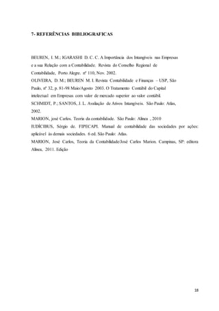 18
7- REFERÊNCIAS BIBLIOGRAFICAS
BEUREN, I. M.; IGARASHI D. C. C. A Importância dos Intangíveis nas Empresas
e a sua Relação com a Contabilidade. Revista do Conselho Regional de
Contabilidade, Porto Alegre. nº 110, Nov. 2002.
OLIVEIRA, D. M.; BEUREN M. I. Revista Contabilidade e Finanças – USP, São
Paulo, nº 32, p. 81-98 Maio/Agosto 2003. O Tratamento Contábil do Capital
intelectual em Empresas com valor de mercado superior ao valor contábil.
SCHMIDT, P.; SANTOS, J. L. Avaliação de Ativos Intangíveis. São Paulo: Atlas,
2002.
MARION, josé Carlos. Teoria da contabilidade. São Paulo: Alinea , 2010
IUDÍCIBUS, Sérgio de. FIPECAPI. Manual de contabilidade das sociedades por ações:
aplicável às demais sociedades. 6 ed. São Paulo: Atlas.
MARION, José Carlos, Teoria da Contabilidade/José Carlos Marion. Campinas, SP: editora
Alínea, 2011. Edição
 