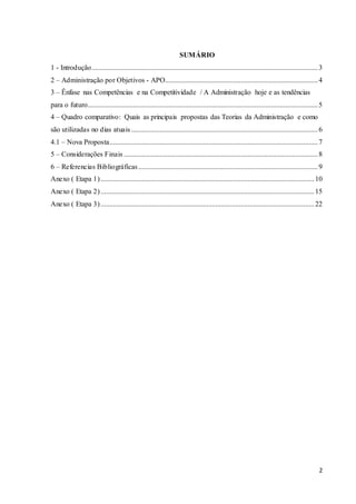 2
SUMÁRIO
1 - Introdução..............................................................................................................................3
2 – Administração por Objetivos - APO.....................................................................................4
3 – Ênfase nas Competências e na Competitividade / A Administração hoje e as tendências
para o futuro................................................................................................................................5
4 – Quadro comparativo: Quais as principais propostas das Teorias da Administração e como
são utilizadas no dias atuais........................................................................................................6
4.1 – Nova Proposta....................................................................................................................7
5 – Considerações Finais ............................................................................................................8
6 – Referencias Bibliográficas....................................................................................................9
Anexo ( Etapa 1).......................................................................................................................10
Anexo ( Etapa 2).......................................................................................................................15
Anexo ( Etapa 3).......................................................................................................................22
 