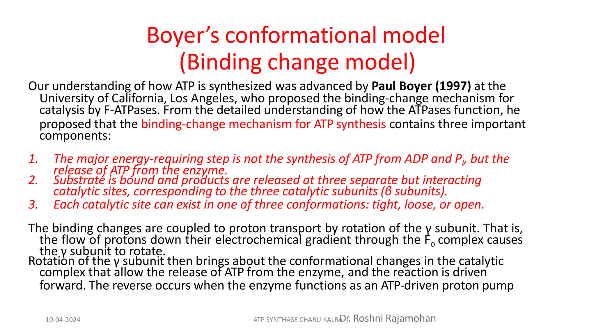 Boyer’s conformational model
(Binding change model)
Our understanding of how ATP is synthesized was advanced by Paul Boyer (1997) at the
University of California, Los Angeles, who proposed the binding-change mechanism for
catalysis by F-ATPases. From the detailed understanding of how the ATPases function, he
proposed that the binding-change mechanism for ATP synthesis contains three important
components:
1. The major energy-requiring step is not the synthesis of ATP from ADP and Pi, but the
release of ATP from the enzyme.
2. Substrate is bound and products are released at three separate but interacting
catalytic sites, corresponding to the three catalytic subunits (β subunits).
3. Each catalytic site can exist in one of three conformations: tight, loose, or open.
The binding changes are coupled to proton transport by rotation of the γ subunit. That is,
the flow of protons down their electrochemical gradient through the Fo complex causes
the γ subunit to rotate.
Rotation of the γ subunit then brings about the conformational changes in the catalytic
complex that allow the release of ATP from the enzyme, and the reaction is driven
forward. The reverse occurs when the enzyme functions as an ATP-driven proton pump
Dr. Roshni Rajamohan
10-04-2024 ATP SYNTHASE CHARU KALRA
 