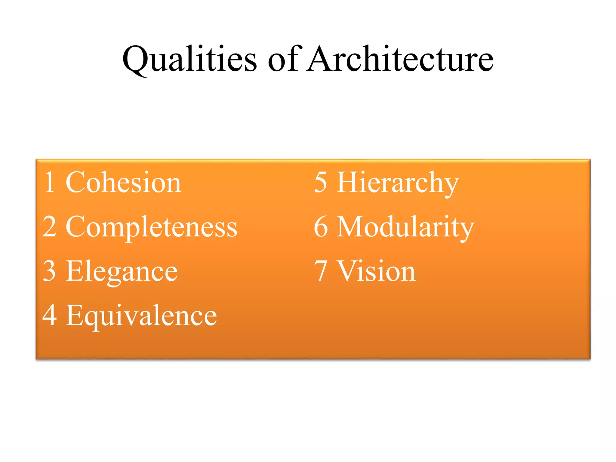 Qualities of Architecture
1 Cohesion
2 Completeness
3 Elegance
4 Equivalence
5 Hierarchy
6 Modularity
7 Vision
 
