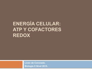 ENERGÍA CELULAR:
ATP Y COFACTORES
REDOX
Liceo de Coronado.
Biología X Nivel 2015.
 