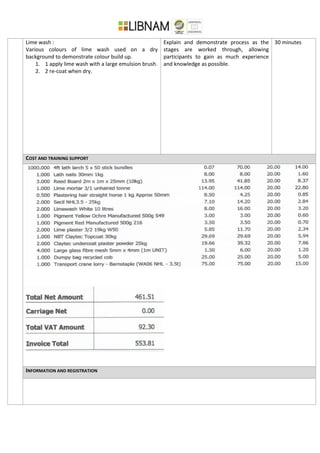 Lime wash :
Various colours of lime wash used on a dry
background to demonstrate colour build up.
1. 1 apply lime wash with a large emulsion brush.
2. 2 re-coat when dry.
Explain and demonstrate process as the
stages are worked through, allowing
participants to gain as much experience
and knowledge as possible.
30 minutes
COST AND TRAINING SUPPORT
INFORMATION AND REGISTRATION
 