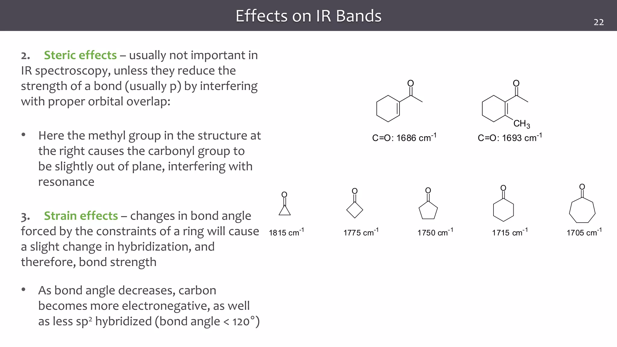 34
34
34
O
C=O: 1686 cm-1
O
C=O: 1693 cm-1
CH3
O O O O O
1815 cm-1
1775 cm-1
1750 cm-1
1715 cm-1
1705 cm-1
Infrared Spectroscopy
2. Steric effects – usually not important in
IR spectroscopy, unless they reduce the
strength of a bond (usually p) by interfering
with proper orbital overlap:
• Here the methyl group in the structure at
the right causes the carbonyl group to
be slightly out of plane, interfering with
resonance
3. Strain effects – changes in bond angle
forced by the constraints of a ring will cause
a slight change in hybridization, and
therefore, bond strength
• As bond angle decreases, carbon
becomes more electronegative, as well
as less sp2 hybridized (bond angle < 120°)
Effects on IR Bands 22
 