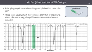 32
32
32
propionitrile
N
C
Infrared Spectroscopy
(s)
• Principle group is the carbon nitrogen triple bond at 2100-2280
cm-1
• This peak is usually much more intense than that of the alkyne
due to the electronegativity difference between carbon and
nitrogen
Nitriles (the cyano- or -C≡N Group) 20
 