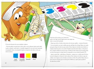 O Livro das Invenções deu uma tossidinha e explicou:
– Nas artes gráficas, em geral, para se fazer todas as cores, utilizamos apenas quatro delas:
o preto, o amarelo, o azul (ciano) e o vermelho (magenta). Só com essas cores, misturando
um pouquinho desta e um pouquinho daquela, conseguimos criar todas as outras que
vemos nos livros!
12
Azul
(ciano)
PretoAmarelo
(magenta)
Vermelho
Traça ficou de boca aberta com a história das
quatro cores! Que incrível! Aquilo parecia mais mágico que
todos os contos da Carochinha!
– Depois que todos os fotolitos estão prontos, eles vão para a gráfica – continuou Invenções.
– Lá, são montados com muito cuidado, para que nada fique fora do lugar. Depois, são usados
para gravar chapas de metal, uma para cada cor. Essas chapas são colocadas num cilindro, na
máquina impressora, junto com as tintas. O papel vai passando pelas chapas, e cada parte do
livro é impressa milhares de vezes! Só que os fotolitos já estão virando coisa do passado. Hoje
em dia já dá pra gravar as chapas direto do computador, com um método chamado CTP.
– Agora eu quero falar – pediu Bruxas e Fantasmas –, porque esta é a melhor parte! Os livros
já saem da máquina no formato de vários cadernos. Esses cadernos são unidos, as capas são
coladas e uma máquina corta as beiradas no tamanho certinho. Fica perfeito! Depois disto, os
livros vão para as livrarias, para as escolas, para as bibliotecas, e quem quiser já pode ler!
Eu adooooooro ser lido!
13
 