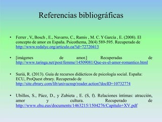 Referencias bibliográficas
• Ferrer , V., Bosch , E., Navarro, C., Ramis , M. C. Y García , E. (2008). El
concepto de amor...