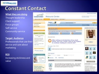 What they are doing Thought leadership Client support Focus groups Self-service Community-service Target  Audience Professionals that use their service and care about marketing ROI Increasing stickiness and value 