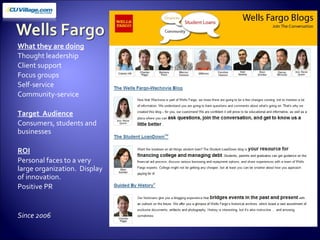 What they are doing Thought leadership Client support Focus groups Self-service Community-service Target  Audience Consumers, students and businesses ROI Personal faces to a very large organization.  Display of innovation. Positive PR Since 2006 