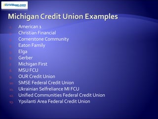 American 1 Christian Financial Cornerstone Community Eaton Family Elga Gerber Michigan First MSU FCU OUR Credit Union SMSE Federal Credit Union Ukrainian Selfreliance MI FCU Unified Communities Federal Credit Union Ypsilanti Area Federal Credit Union 