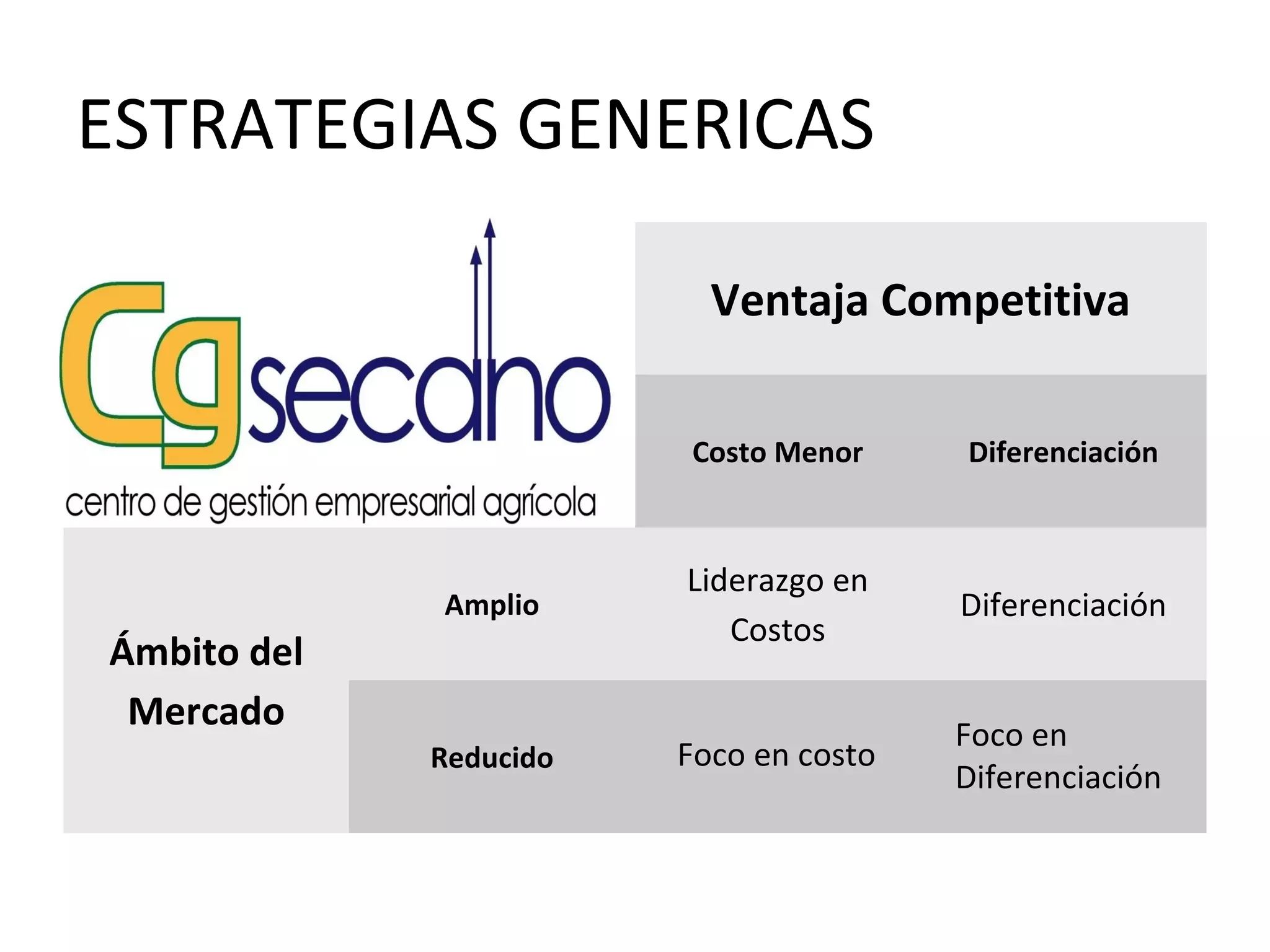 ESTRATEGIAS GENERICAS

                          Ventaja Competitiva

                        Costo Menor     Diferenciación



                        Liderazgo en
             Amplio                     Diferenciación
                           Costos
Ámbito del
 Mercado
                                        Foco en
             Reducido   Foco en costo
                                        Diferenciación
 