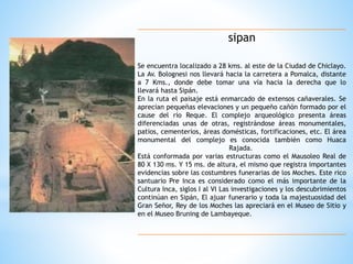 sipan 
Se encuentra localizado a 28 kms. al este de la Ciudad de Chiclayo. 
La Av. Bolognesi nos llevará hacia la carretera a Pomalca, distante 
a 7 Kms., donde debe tomar una vía hacia la derecha que lo 
llevará hasta Sipán. 
En la ruta el paisaje está enmarcado de extensos cañaverales. Se 
aprecian pequeñas elevaciones y un pequeño cañón formado por el 
cause del río Reque. El complejo arqueológico presenta áreas 
diferenciadas unas de otras, registrándose áreas monumentales, 
patios, cementerios, áreas domésticas, fortificaciones, etc. El área 
monumental del complejo es conocida también como Huaca 
Rajada. 
Está conformada por varias estructuras como el Mausoleo Real de 
80 X 130 ms. Y 15 ms. de altura, el mismo que registra importantes 
evidencias sobre las costumbres funerarias de los Moches. Este rico 
santuario Pre Inca es considerado como el más importante de la 
Cultura Inca, siglos I al VI Las investigaciones y los descubrimientos 
continúan en Sipán, El ajuar funerario y toda la majestuosidad del 
Gran Señor, Rey de los Moches las apreciará en el Museo de Sitio y 
en el Museo Bruning de Lambayeque. 
 
