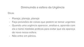 Diminuindo a esfera da Urgência
Dicas
- Planeje, planeje, planeje
- Faça previsões de coisas que podem se tornar urgentes
- Quando uma urgência aparecer, analise-a, aprenda com
ela e tome medidas práticas para evitar que ela apareça
de novo nessa esfera.
- Não entre em pânico.
 