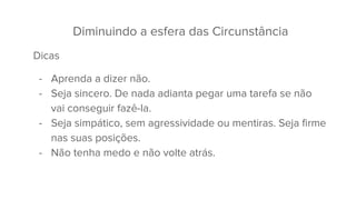 Diminuindo a esfera das Circunstância
Dicas
- Aprenda a dizer não.
- Seja sincero. De nada adianta pegar uma tarefa se não
vai conseguir fazê-la.
- Seja simpático, sem agressividade ou mentiras. Seja firme
nas suas posições.
- Não tenha medo e não volte atrás.
 