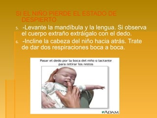 SI EL NIÑO PIERDE EL ESTADO DE
DESPIERTO
5. -Levante la mandíbula y la lengua. Si observa
el cuerpo extraño extráigalo con el dedo.
6. -Incline la cabeza del niño hacia atrás. Trate
de dar dos respiraciones boca a boca.
 