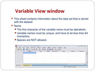 Variable View window
 This sheet contains information about the data set that is stored

with the dataset
 Name
 The first character of the variable name must be alphabetic
 Variable names must be unique, and have to be less than 64
characters.
 Spaces are NOT allowed.

 