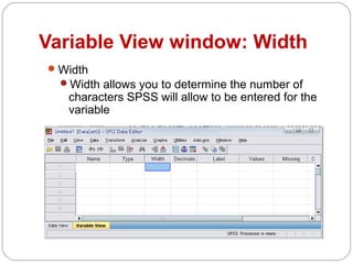 Variable View window: Width
 Width
Width allows you to determine the number of

characters SPSS will allow to be entered for the
variable

 