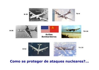 TU-4
        B-29




B-36
                                            TU-16

                   Aviões
                Bombardeiros




                                    TU-20
       B-52




Como se proteger de ataques nucleares?...
 