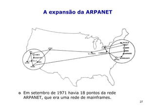 A expansão da ARPANET




Em setembro de 1971 havia 18 pontos da rede
ARPANET, que era uma rede de mainframes.
                                              27
 