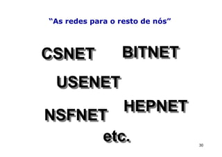 “As redes para o resto de nós”



CSNET
CSNET            BITNET
                 BITNET
 USENET
 USENET
                  HEPNET
                  HEPNET
NSFNET
NSFNET
      etc.
      etc.                       30
 