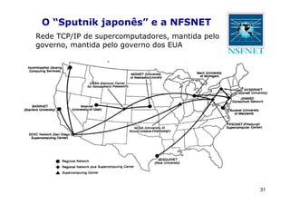 O “Sputnik japonês” e a NFSNET
Rede TCP/IP de supercomputadores, mantida pelo
governo, mantida pelo governo dos EUA




                                                 31
 