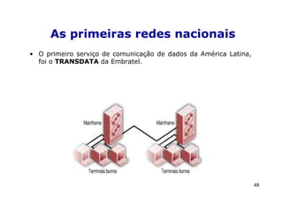 As primeiras redes nacionais
• O primeiro serviço de comunicação de dados da América Latina,
  foi o TRANSDATA da Embratel.




                                                                  48
 
