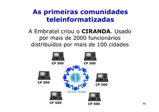 As primeiras comunidades
     teleinformatizadas
A Embratel criou o CIRANDA. Usado
    por mais de 2000 funcionários
 distribuídos por mais de 100 cidades


            CP 500   CP 500




   CP 500
                          CP 500




        CP 500         CP 500           49
 