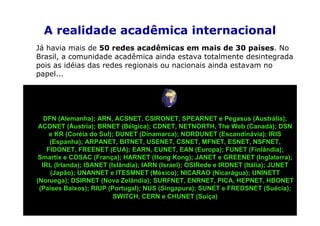 A realidade acadêmica internacional
Já havia mais de 50 redes acadêmicas em mais de 30 países. No
Brasil, a comunidade acadêmica ainda estava totalmente desintegrada
pois as idéias das redes regionais ou nacionais ainda estavam no
papel...




   DFN (Alemanha); ARN, ACSNET, CSIRONET, SPEARNET e Pegasus (Austrália);
 ACONET (Áustria); BRNET (Bélgica); CDNET, NETNORTH, The Web (Canadá); DSN
     e KR (Coréia do Sul); DUNET (Dinamarca); NORDUNET (Escandinávia); IRIS
     (Espanha); ARPANET, BITNET, USENET, CSNET, MFNET, ESNET, NSFNET,
    FIDONET, FREENET (EUA); EARN, EUNET, EAN (Europa); FUNET (Finlândia);
 Smartix e COSAC (França); HARNET (Hong Kong); JANET e GREENET (Inglaterra);
  IRL (Irlanda); ISANET (Islândia); IARN (Israel); OSIRede e IRDNET (Itália); JUNET
     (Japão); UNANNET e ITESMNET (México); NICARAO (Nicarágua); UNINETT
(Noruega); DSIRNET (Nova Zelândia); SURFNET, ENRNET, PICA, HEPNET, HBONET
 (Países Baixos); RIUP (Portugal); NUS (Singapura); SUNET e FREDSNET (Suécia);
                          SWITCH, CERN e CHUNET (Suíça)
                                                                                55
 