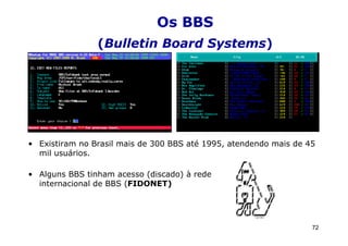 Os BBS
                (Bulletin Board Systems)




• Existiram no Brasil mais de 300 BBS até 1995, atendendo mais de 45
  mil usuários.

• Alguns BBS tinham acesso (discado) à rede
  internacional de BBS (FIDONET)




                                                                   72
 