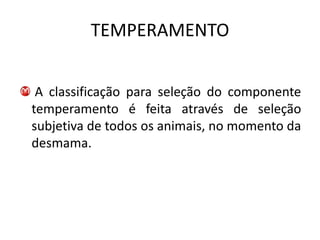 TEMPERAMENTO


 A classificação para seleção do componente
temperamento é feita através de seleção
subjetiva de todos os animais, no momento da
desmama.
 