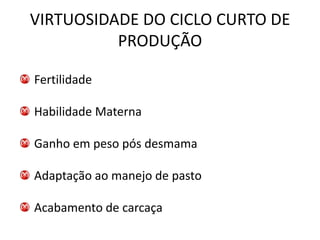 VIRTUOSIDADE DO CICLO CURTO DE
          PRODUÇÃO

Fertilidade

Habilidade Materna

Ganho em peso pós desmama

Adaptação ao manejo de pasto

Acabamento de carcaça
 